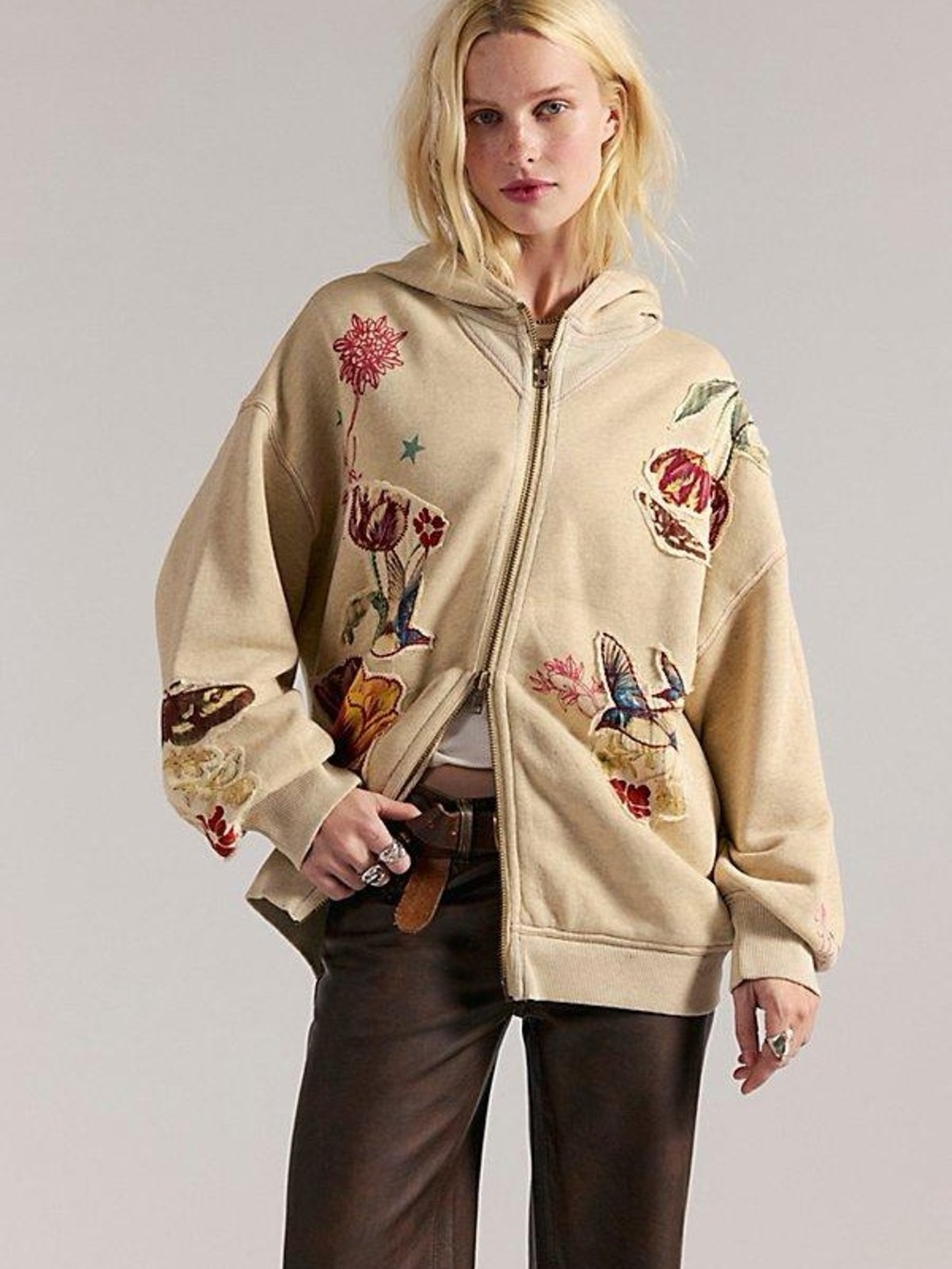XL large free people grandmas garden hoodie sweatshirt beige floral appliqué
